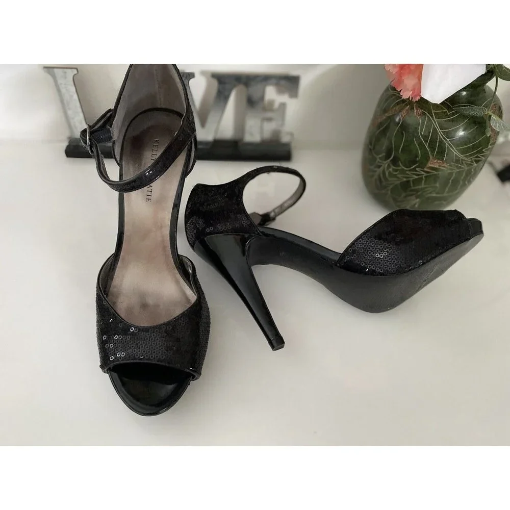 Kelly & Katie Slingback Black Hidden Platform Peep Toe Pumps Sequins‎ Size 7 Vtg